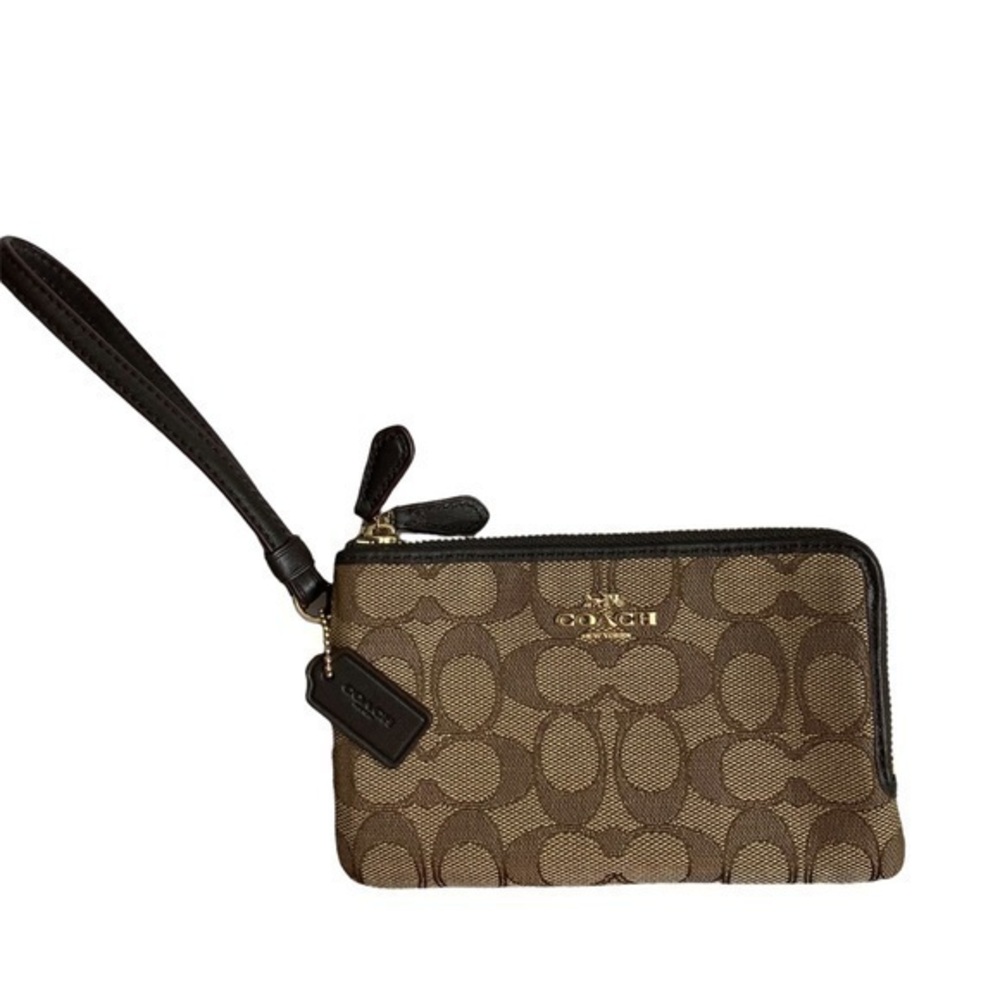 Coach brown khaki signature c double zipper wristlet bag